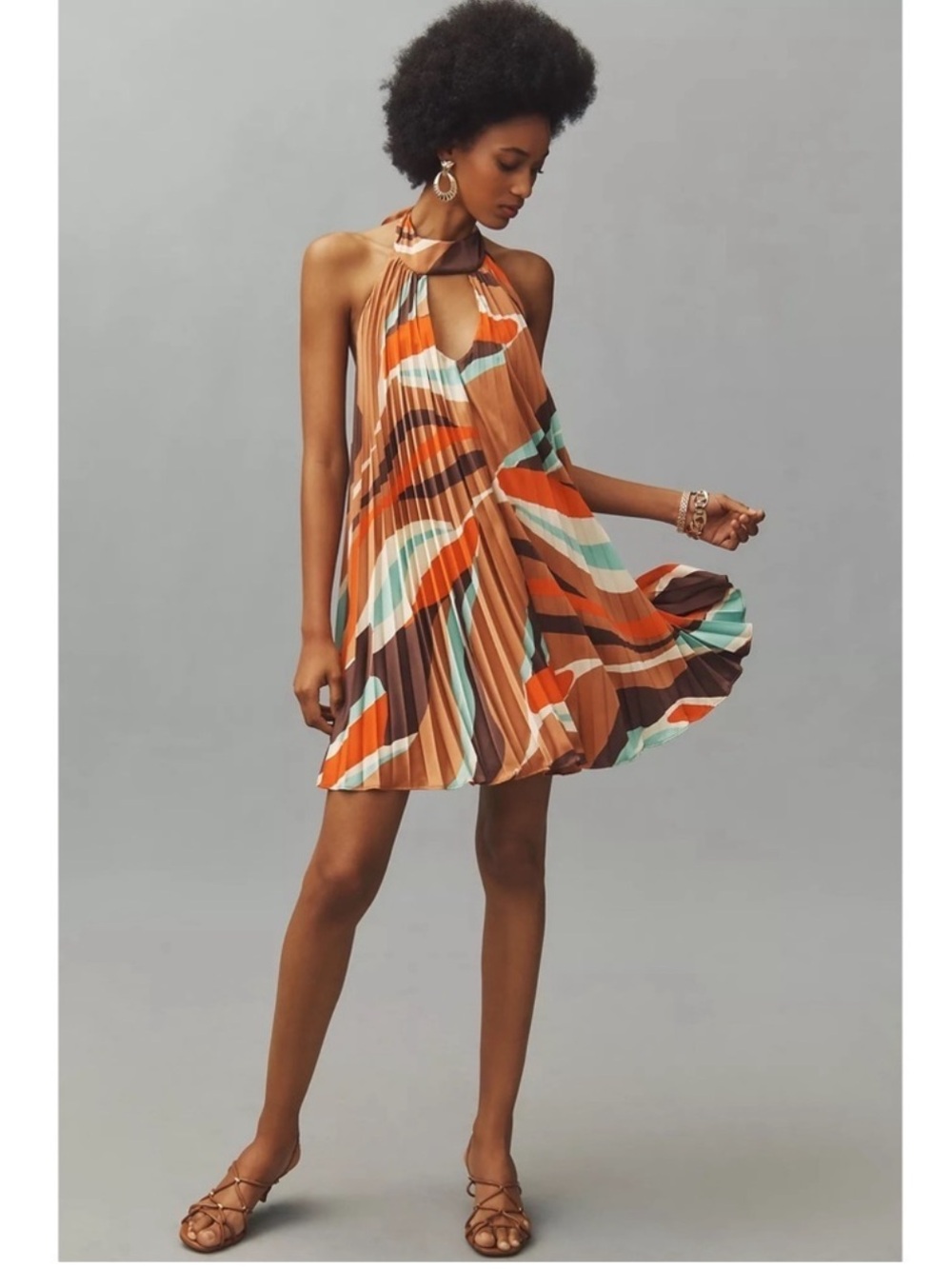 Anthropologie Hutch Pleated Halter Open Back Mini Dress Orange Brown Medium NWT